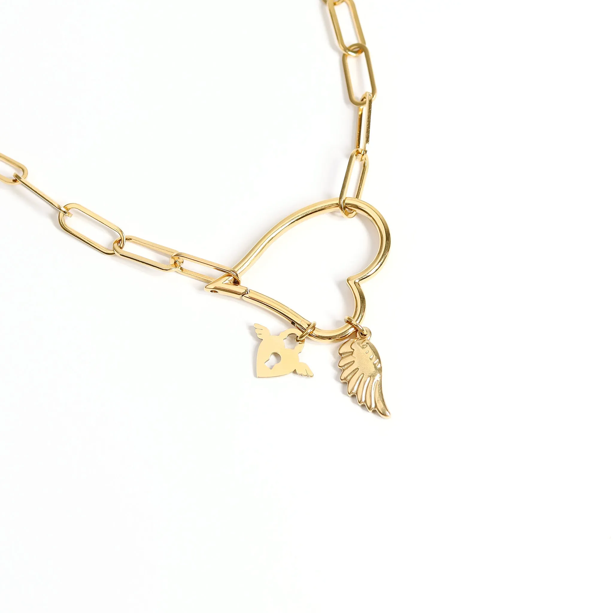 18K Gold PVD Stainless Steel Winged Heart Lock Charm / PDL0087
