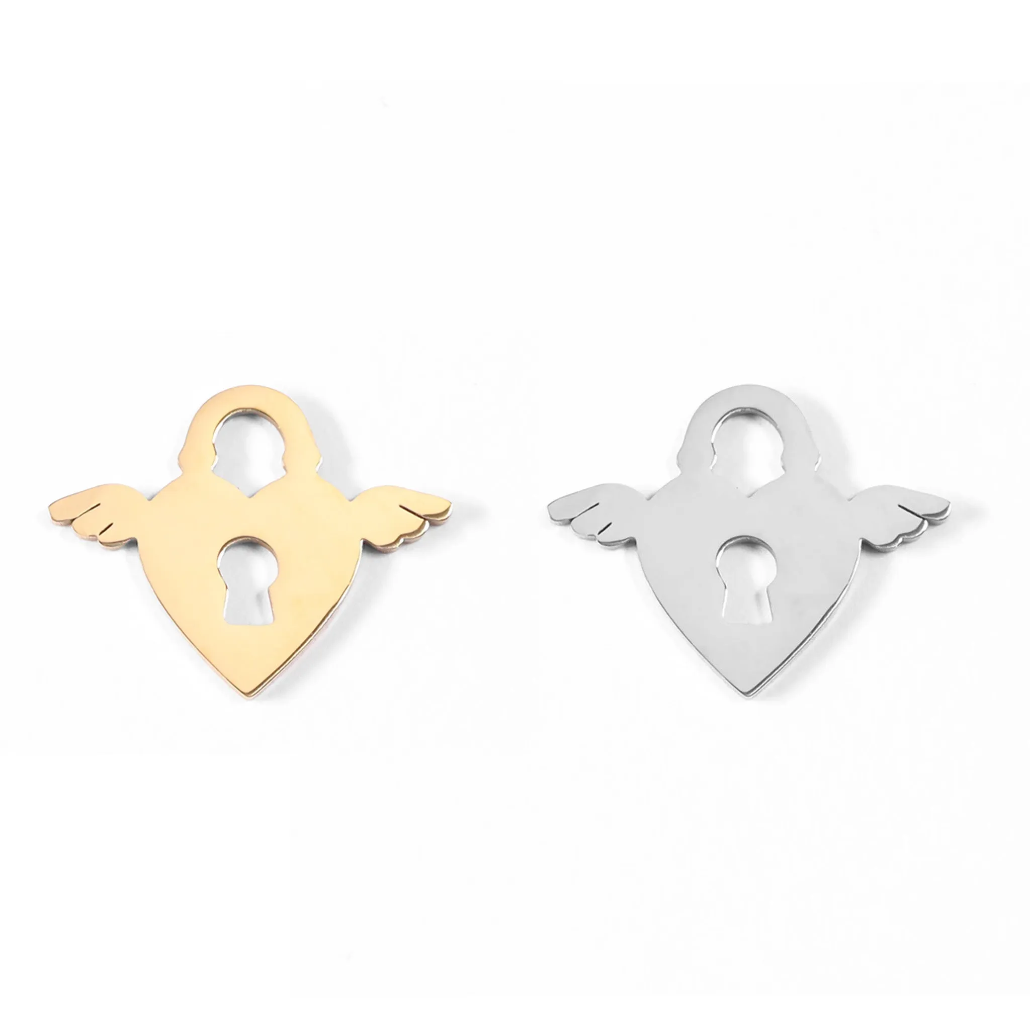 18K Gold PVD Stainless Steel Winged Heart Lock Charm / PDL0087