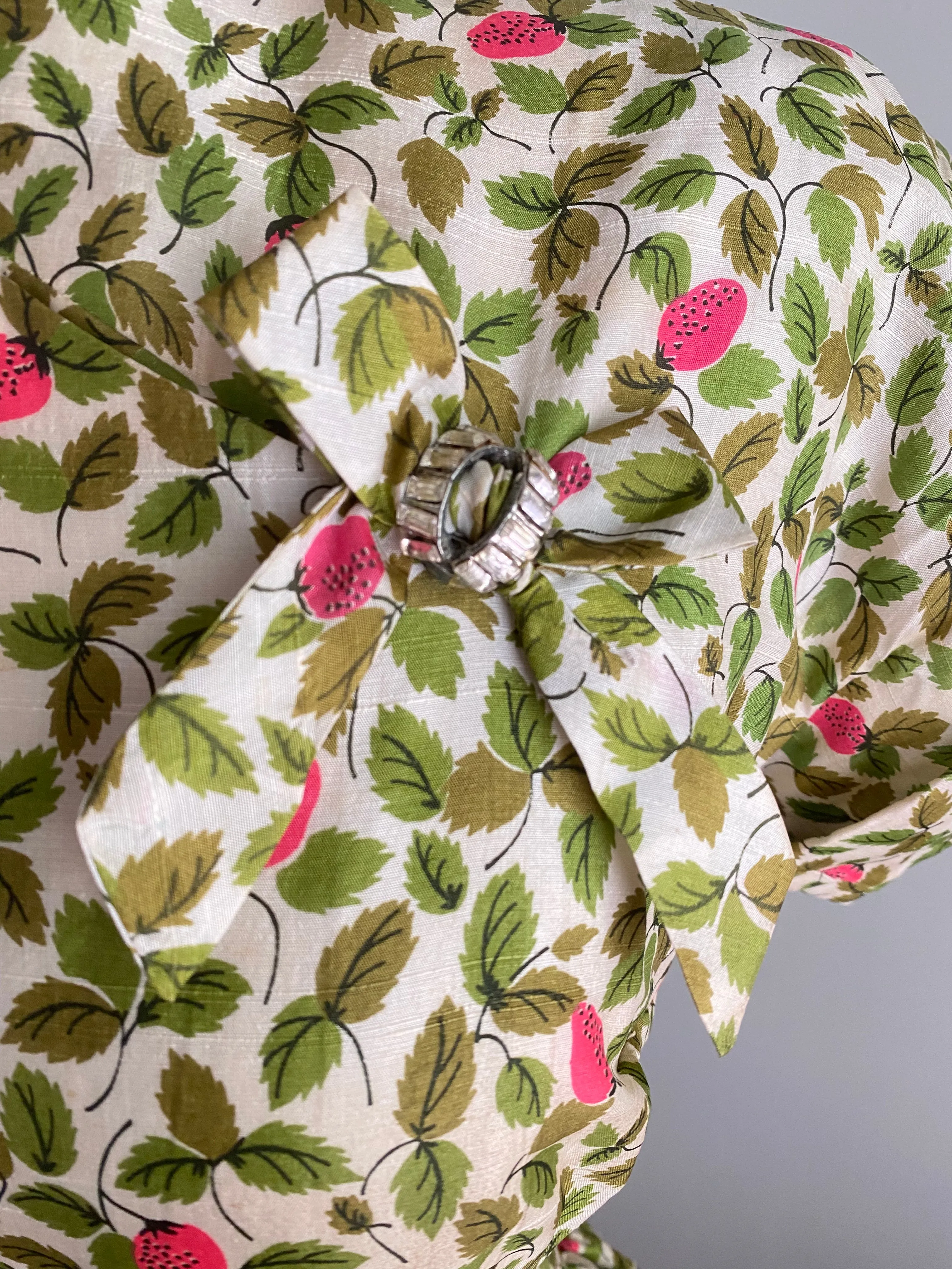 1950's Strawberry Print Silk Special Occasion Dress / XS
