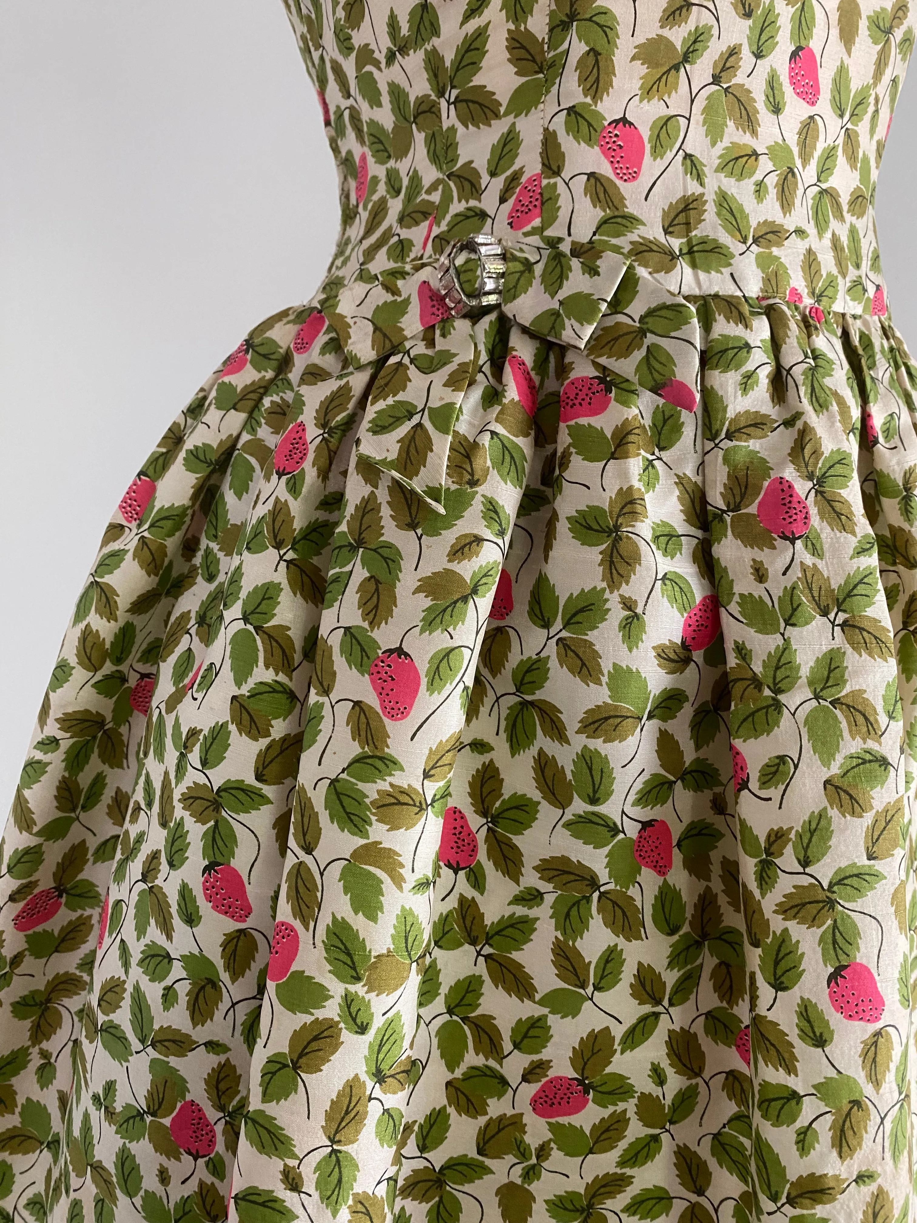 1950's Strawberry Print Silk Special Occasion Dress / XS