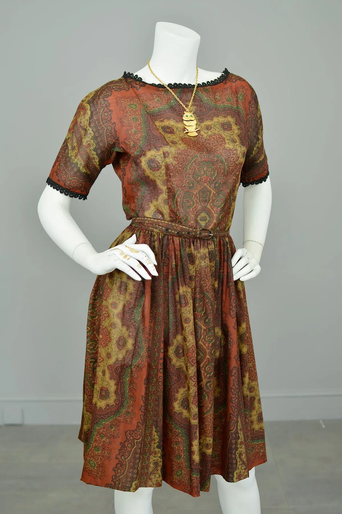 1960s Deep Rust Gold Paisley Print Sheer Dress