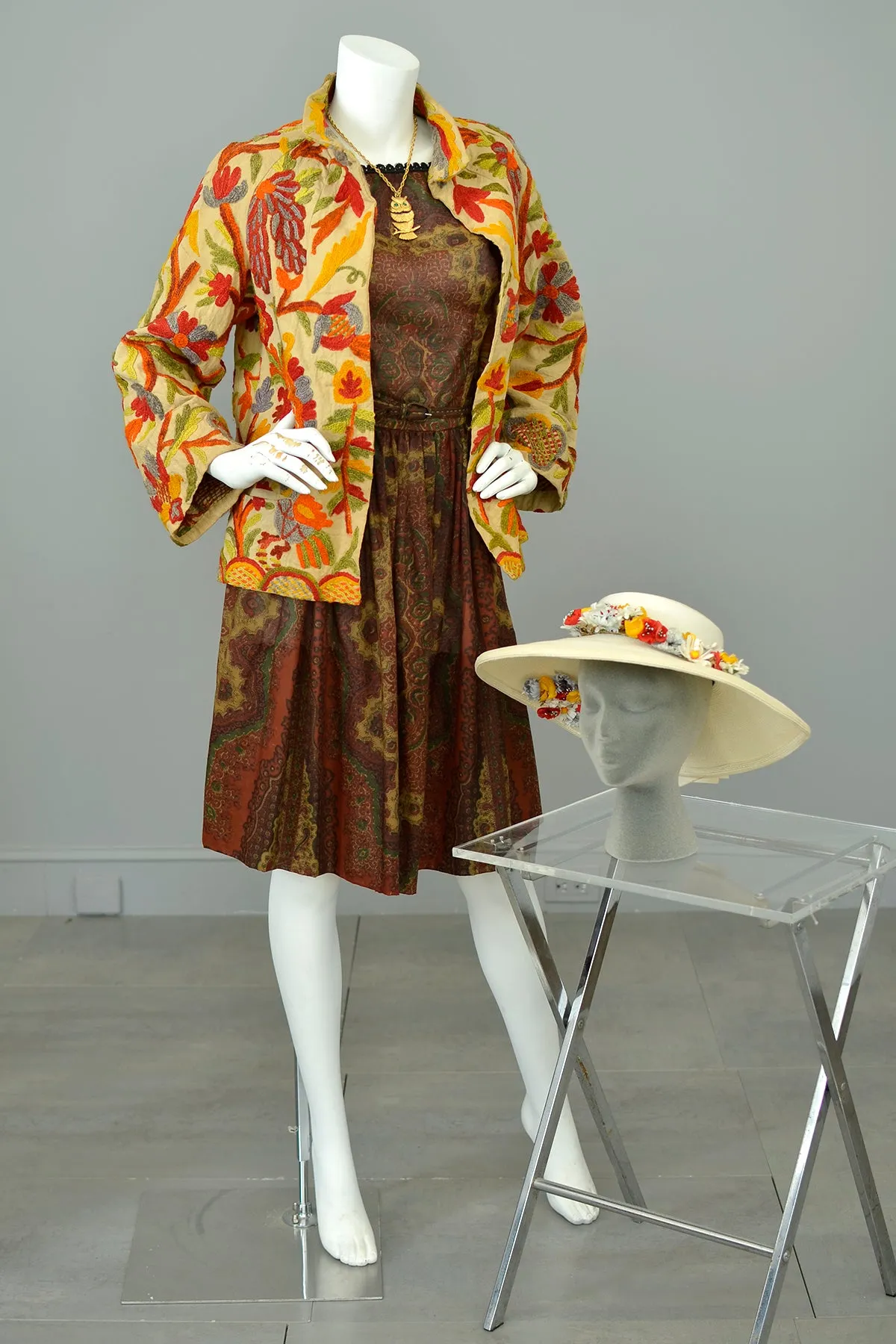 1960s Deep Rust Gold Paisley Print Sheer Dress