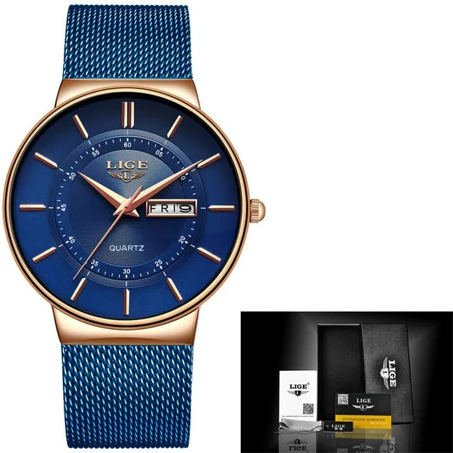 2019 New Blue Quartz Clock LIGE Mens Watches