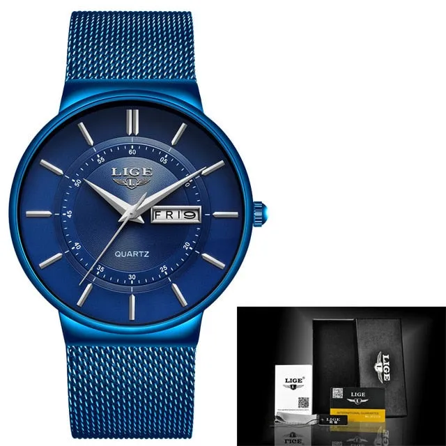 2019 New Blue Quartz Clock LIGE Mens Watches