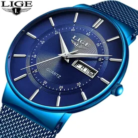 2019 New Blue Quartz Clock LIGE Mens Watches