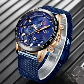 2019 New LIGE Blue Casual Mesh Belt Fashion Quartz Gold Watch