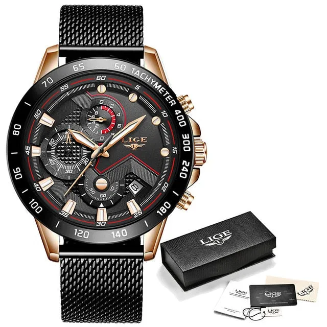 2019 New LIGE Blue Casual Mesh Belt Fashion Quartz Gold Watch