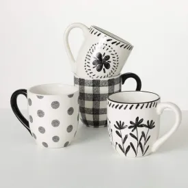 4.5" Black And White Pattern Mugs - Set of 4, Black & White