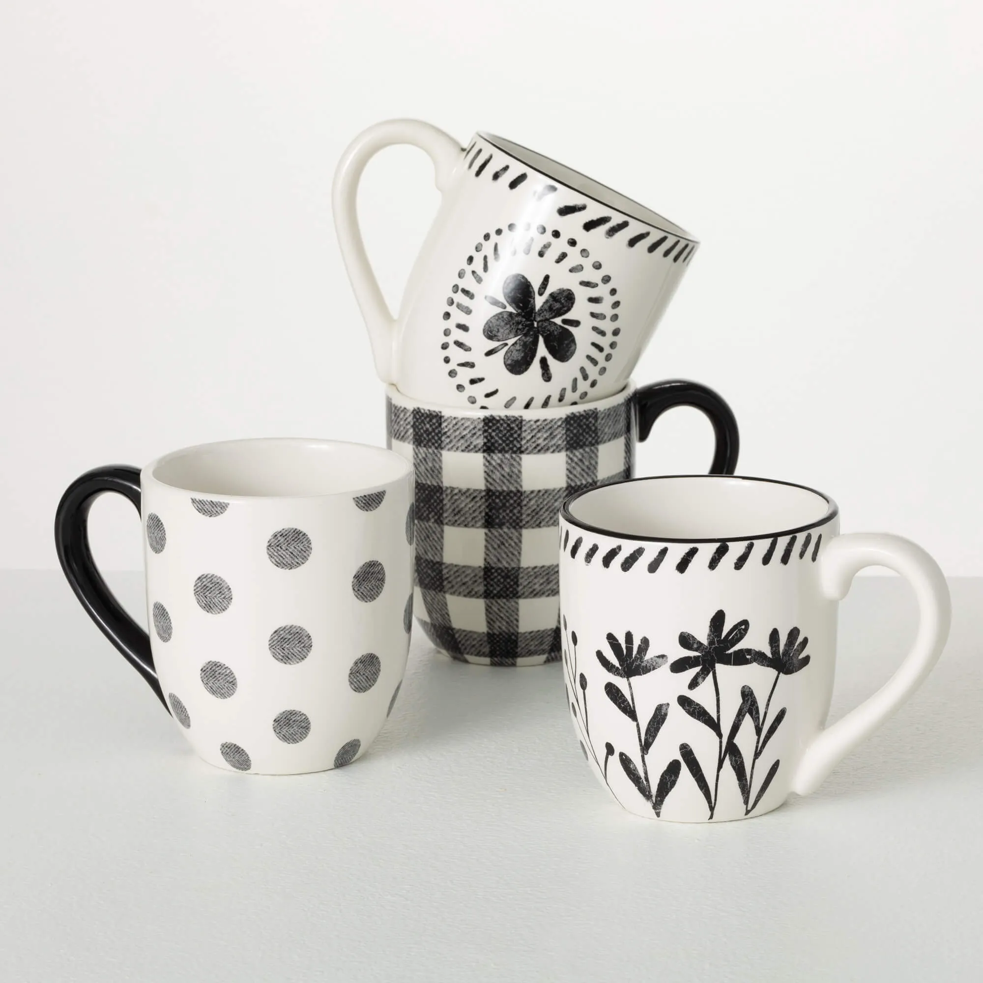 4.5" Black And White Pattern Mugs - Set of 4, Black & White