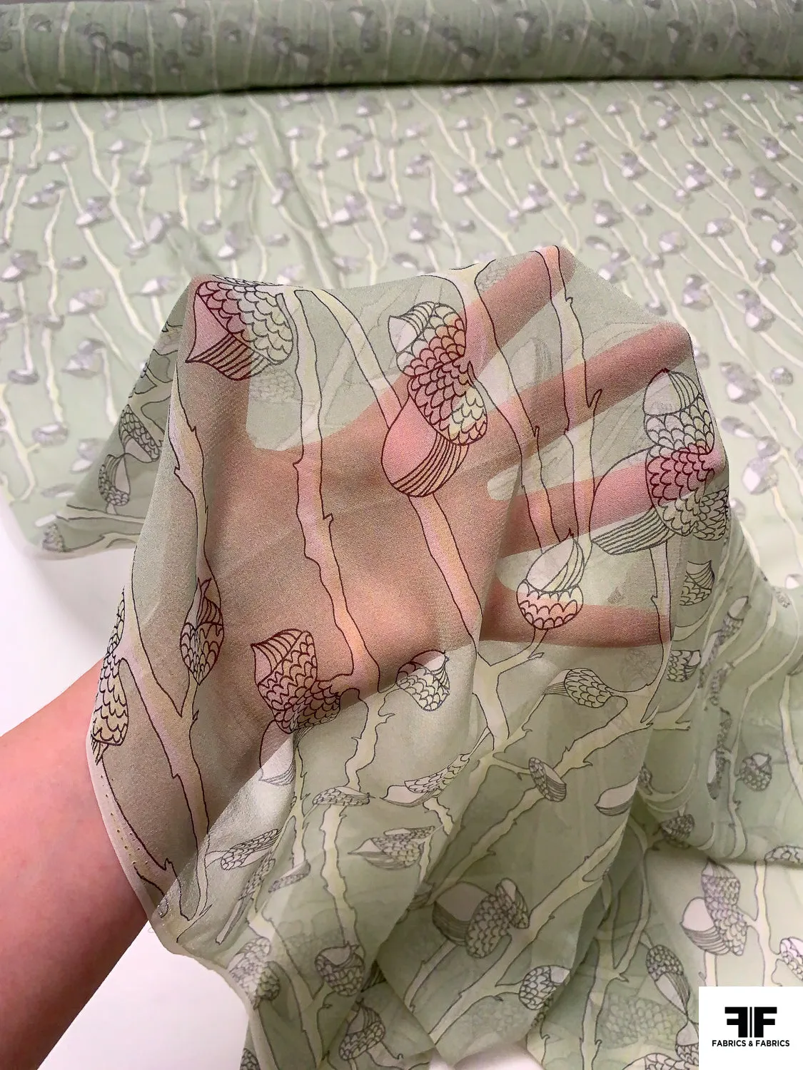 Acorn Stems Printed Silk Chiffon - Light Sage / Black