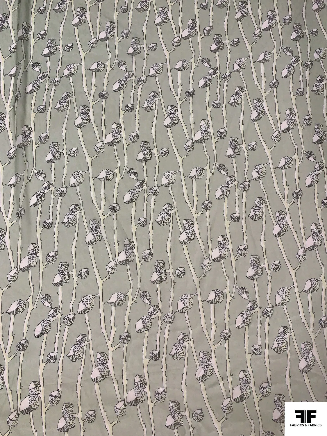 Acorn Stems Printed Silk Chiffon - Light Sage / Black
