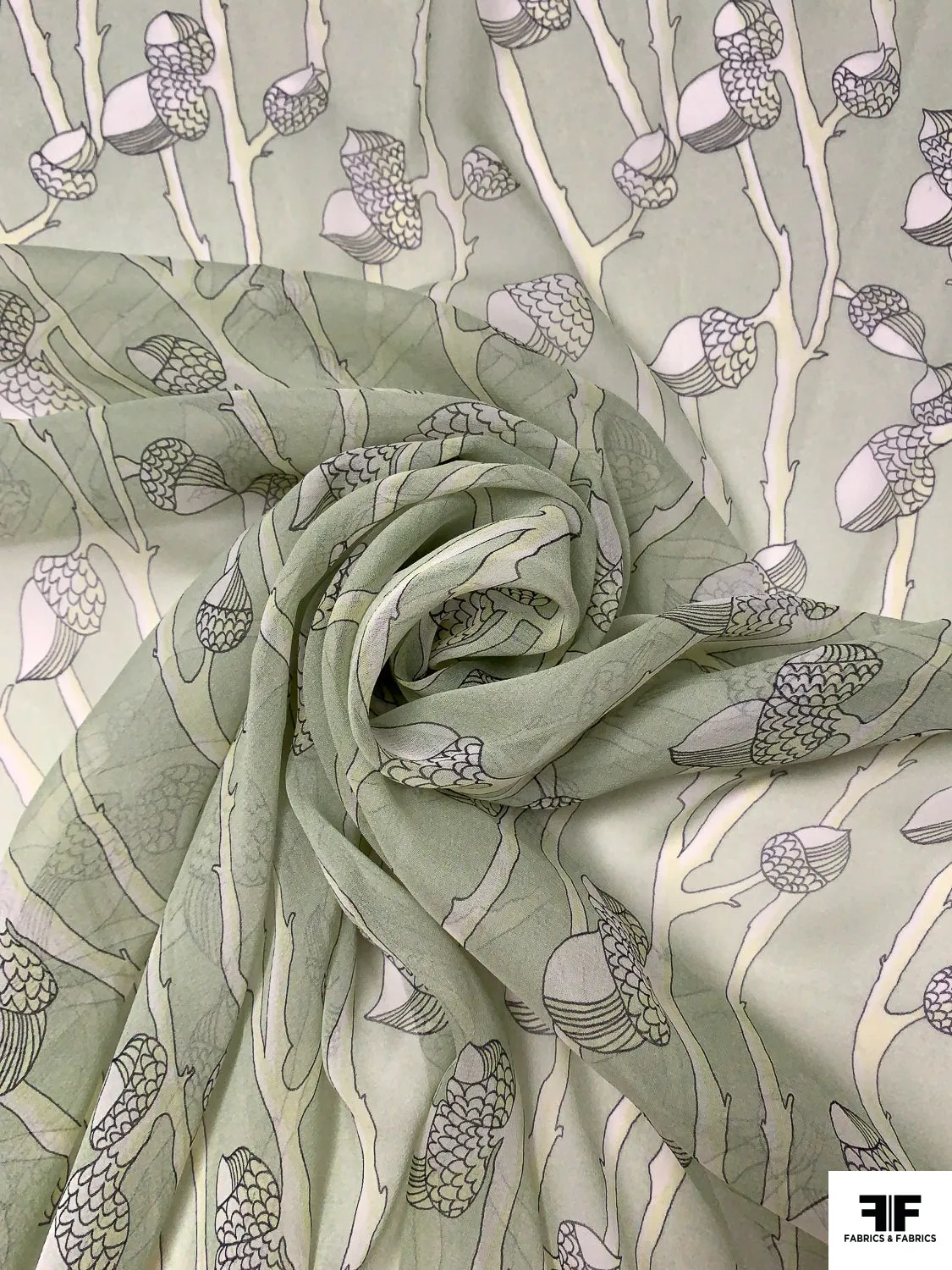 Acorn Stems Printed Silk Chiffon - Light Sage / Black