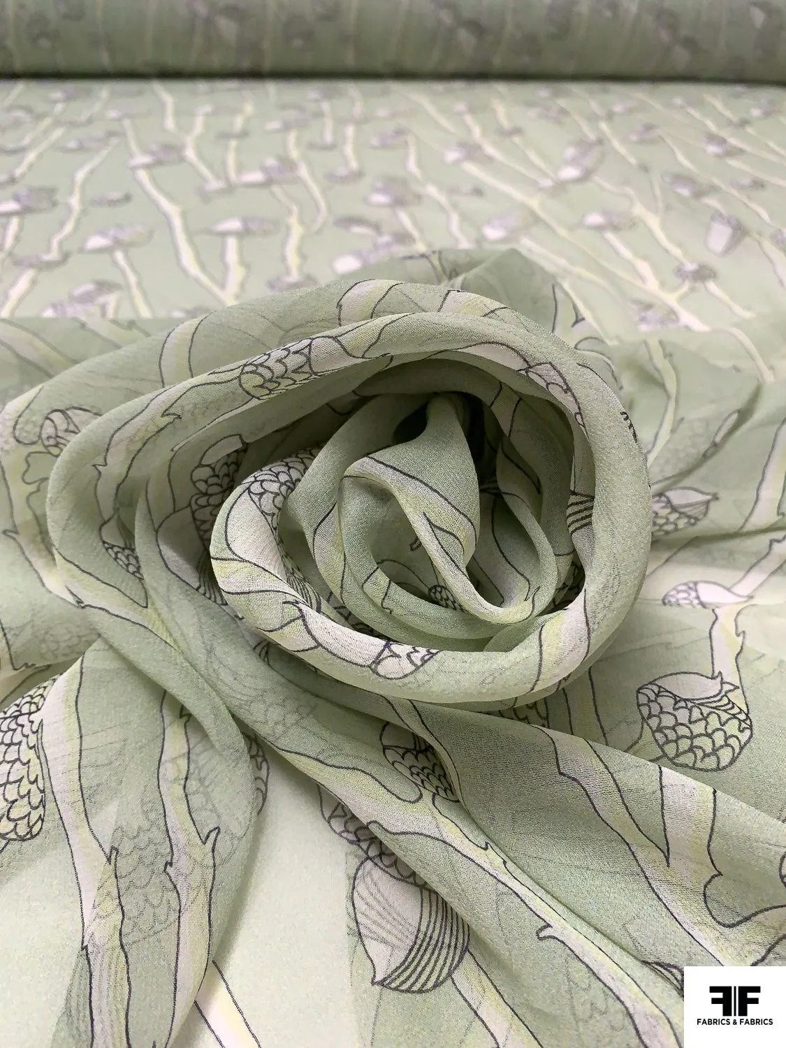 Acorn Stems Printed Silk Chiffon - Light Sage / Black
