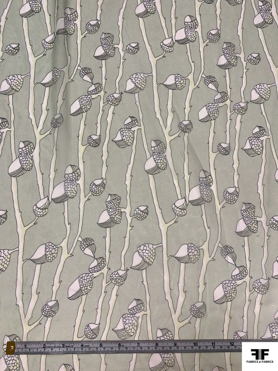 Acorn Stems Printed Silk Chiffon - Light Sage / Black
