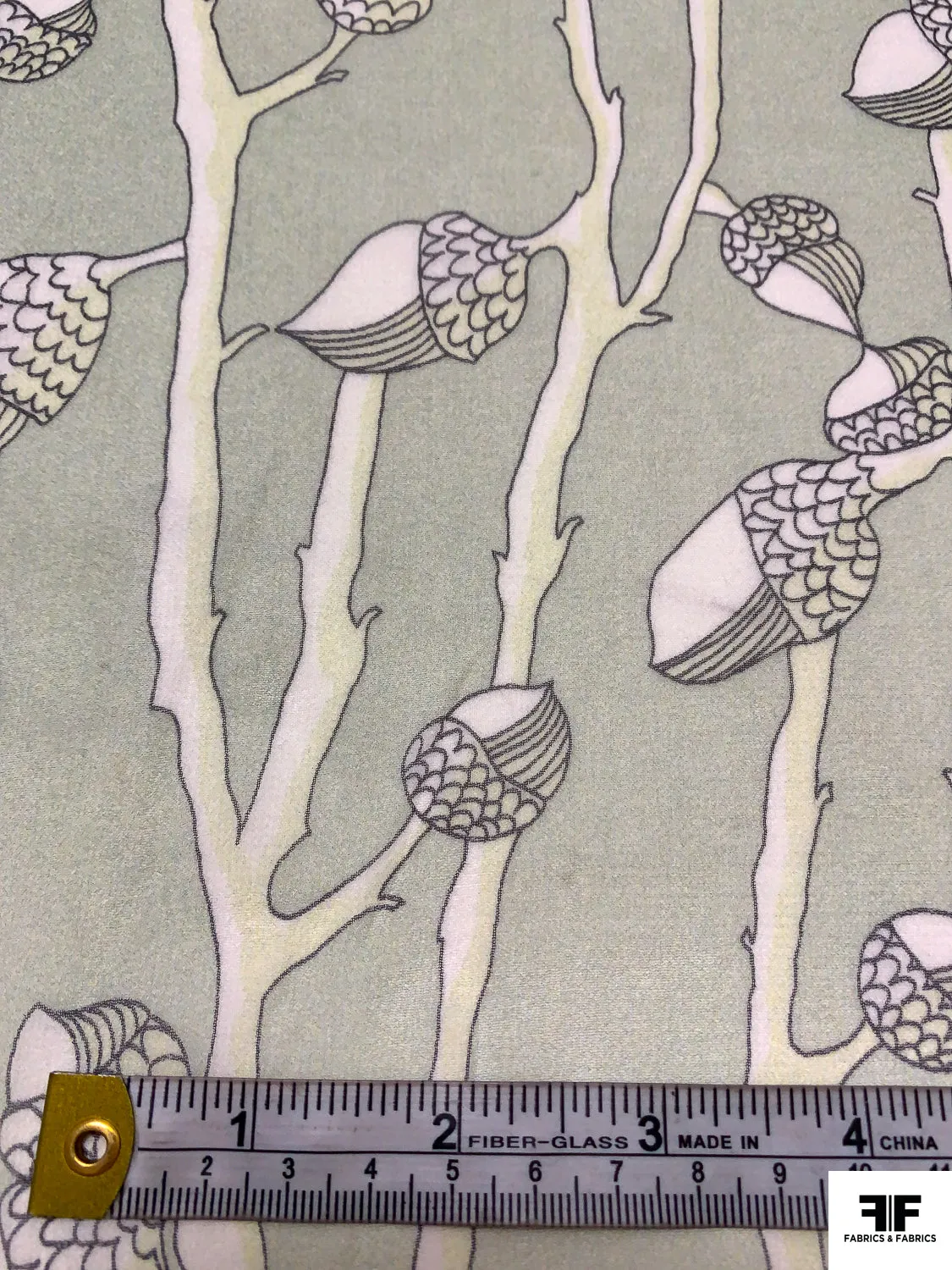 Acorn Stems Printed Silk Chiffon - Light Sage / Black