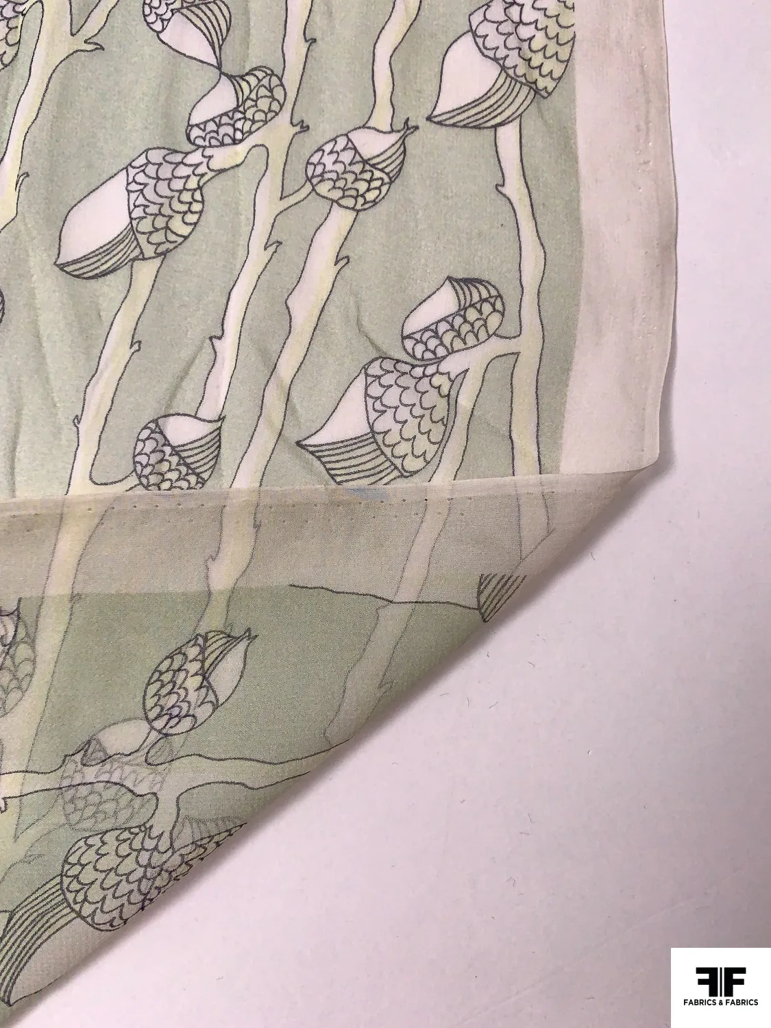 Acorn Stems Printed Silk Chiffon - Light Sage / Black