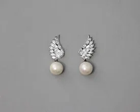 Angel Wing CZ Pearl Drop Earrings