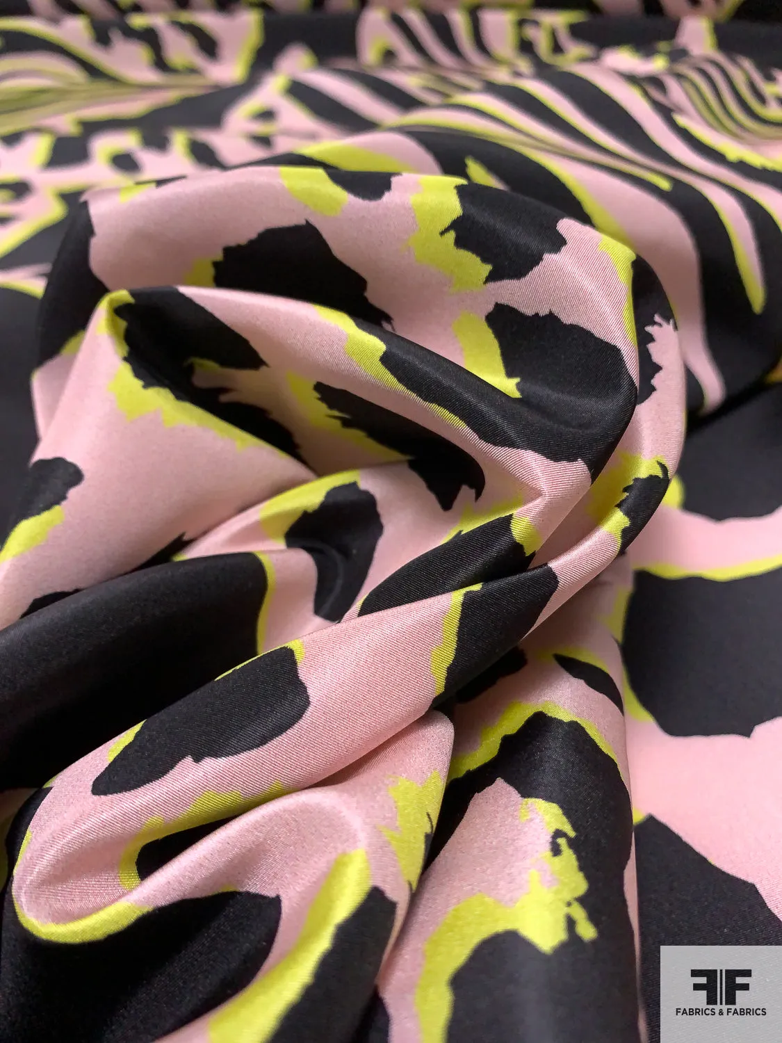 Animal Pattern Inspired Printed Silk Taffeta - Baby Pink / Black / Chartreuse