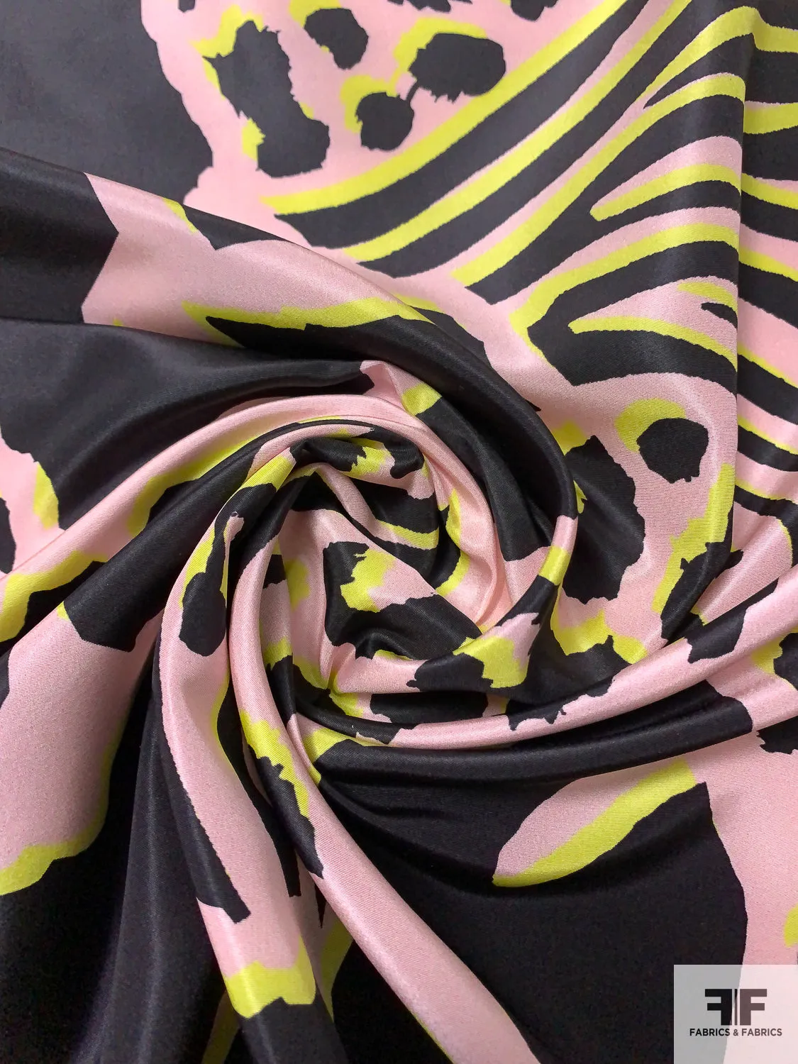 Animal Pattern Inspired Printed Silk Taffeta - Baby Pink / Black / Chartreuse
