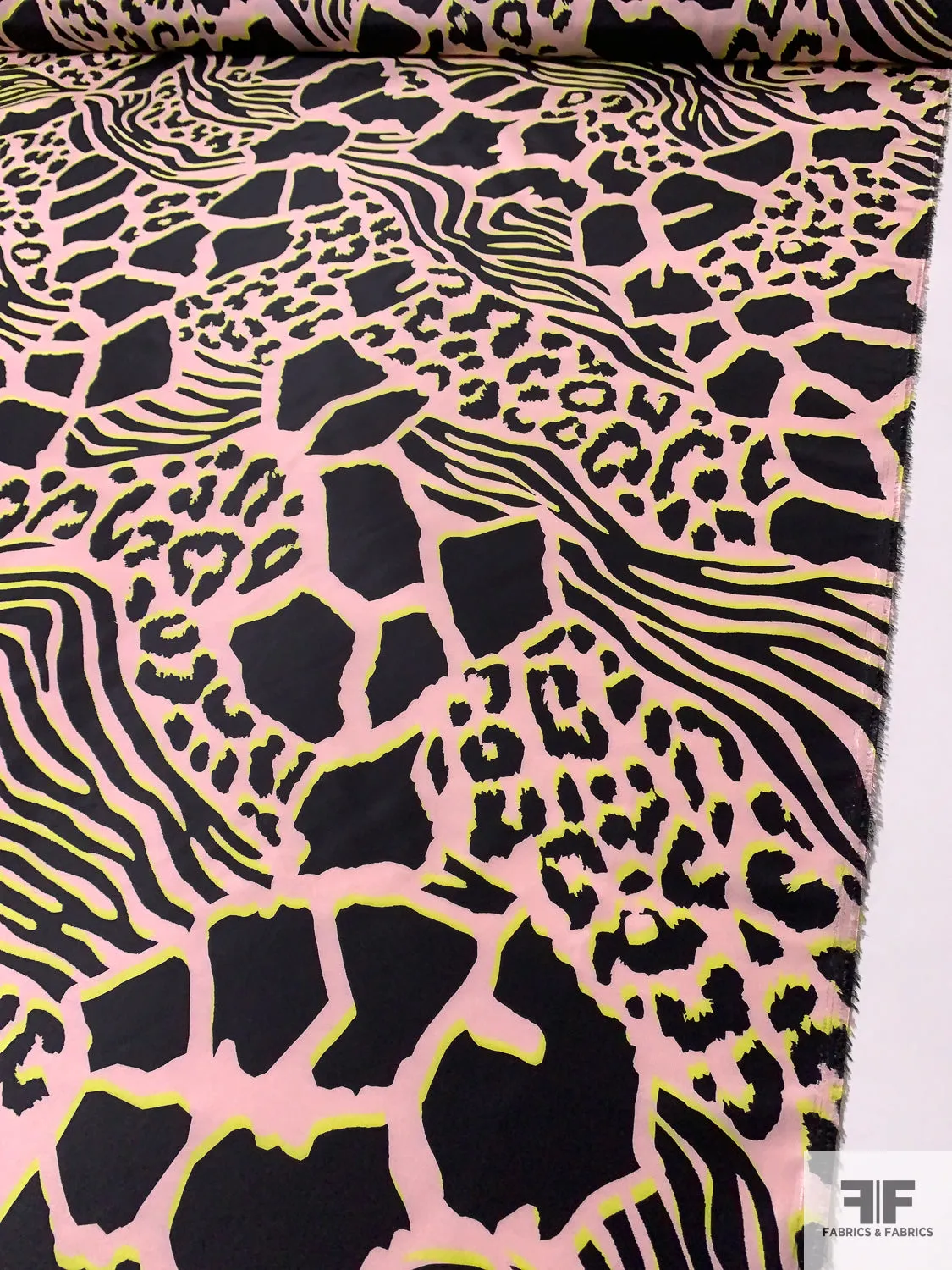 Animal Pattern Inspired Printed Silk Taffeta - Baby Pink / Black / Chartreuse