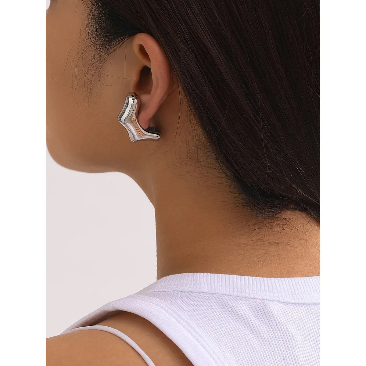 Bamboo Stainless Steel C-Shape Metal Statement Hoop Earrings | Trendy Geometric Studs for Women