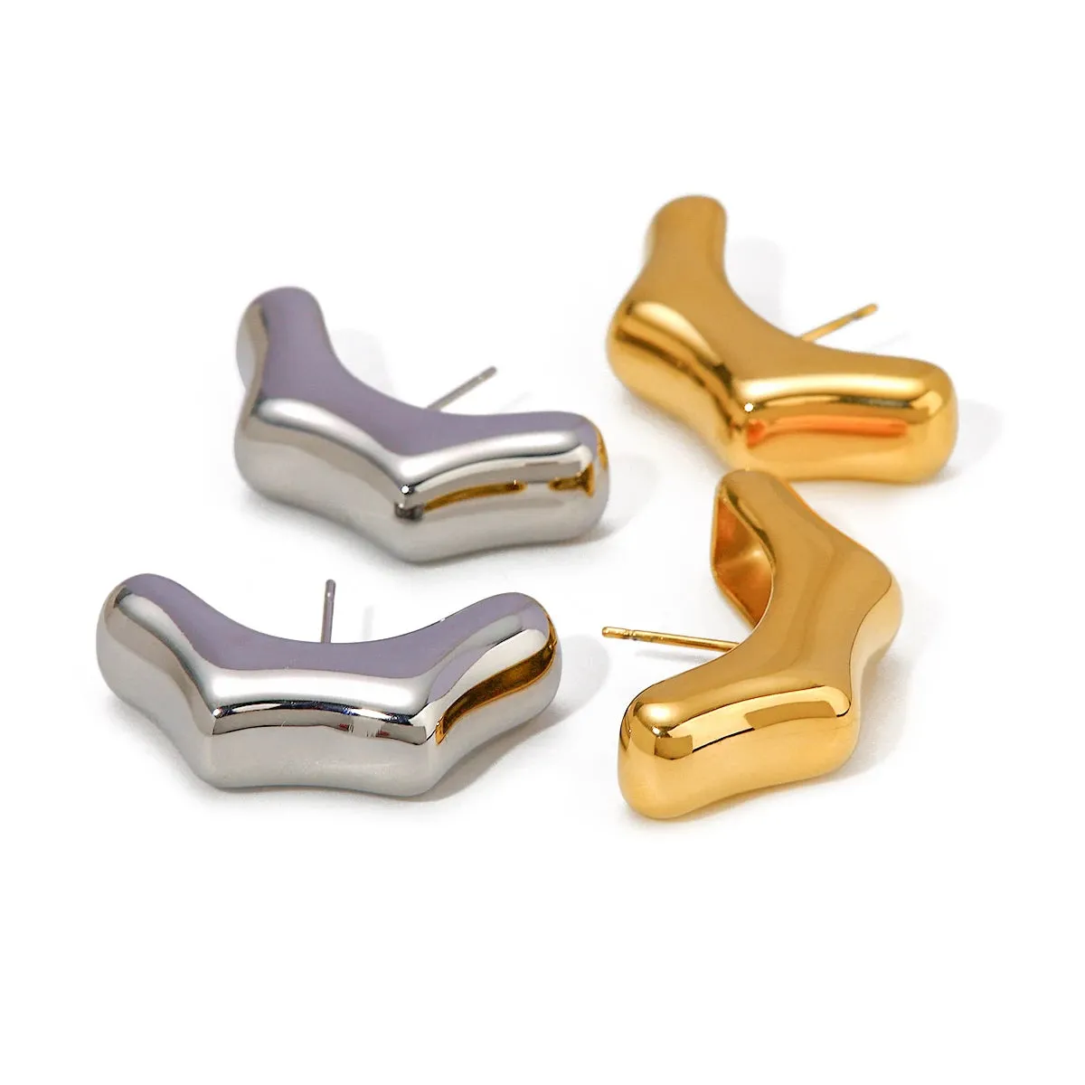 Bamboo Stainless Steel C-Shape Metal Statement Hoop Earrings | Trendy Geometric Studs for Women