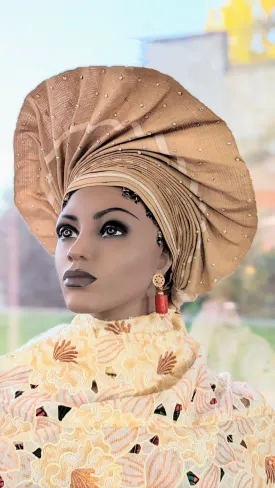 Basiraah Tan-Brown African Sanyan Aso Oke Head tie Autogele head wrap hat-DPATBS42