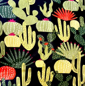 Black Pure Cotton Cambric Printed Fabrics, Colorful Cactus Print, Floral
