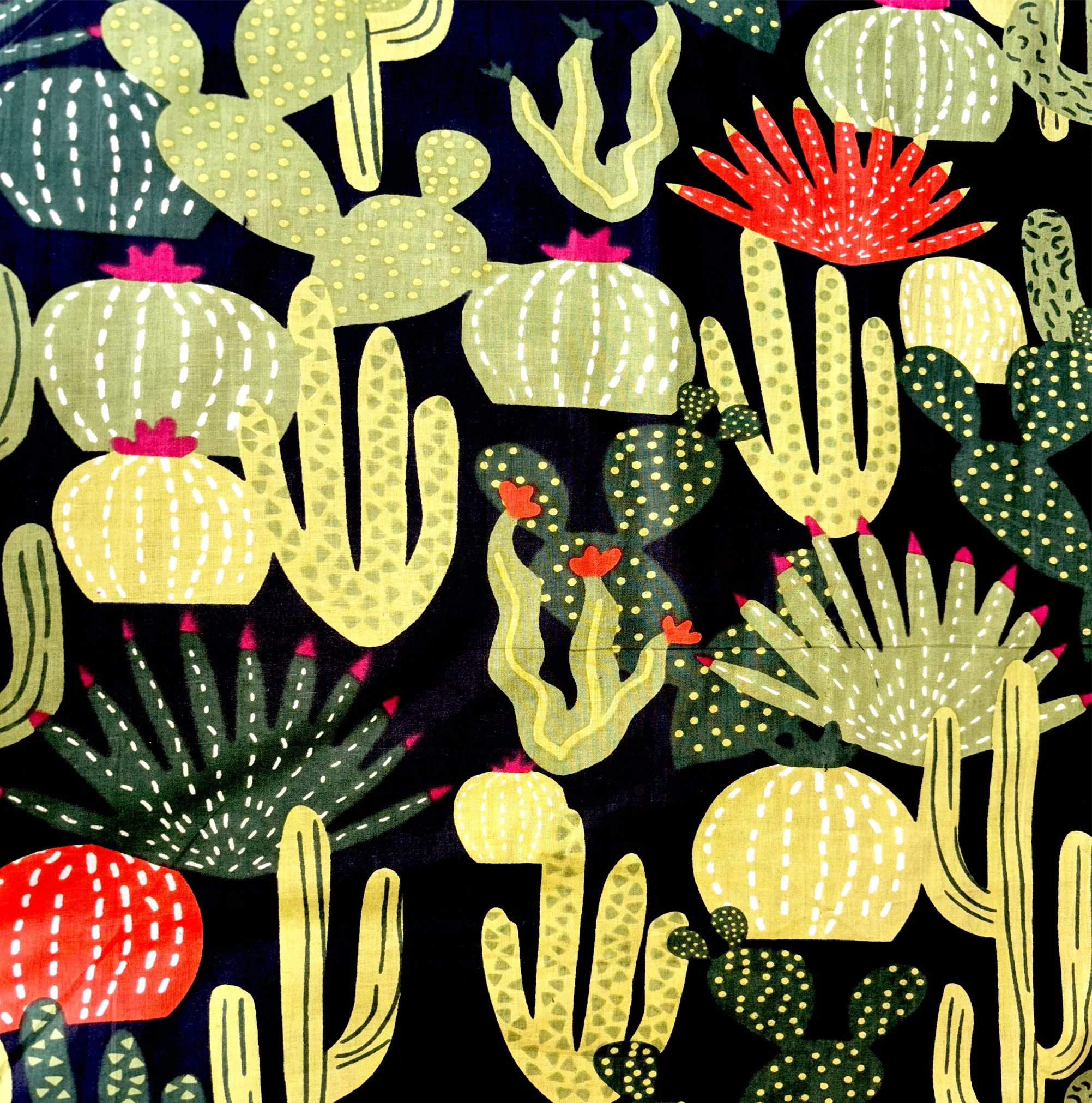 Black Pure Cotton Cambric Printed Fabrics, Colorful Cactus Print, Floral