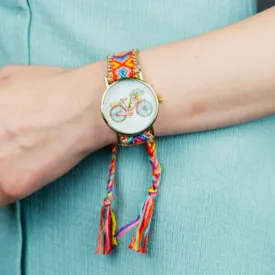 Boho Bracelet Cycle Print Jute Braided Gypsy Wrist Watch for Women
