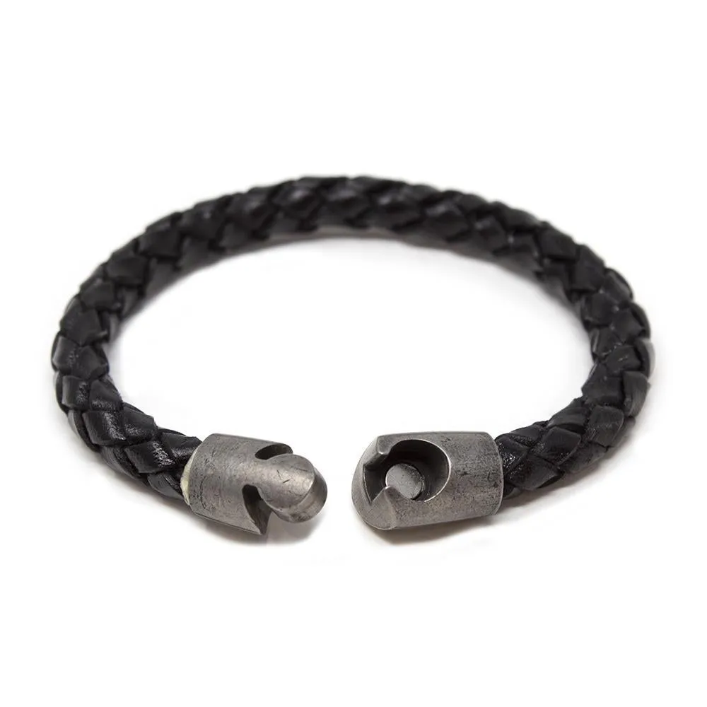 Braided Leather Bracelet with Puzzle Clasp Black Medium
