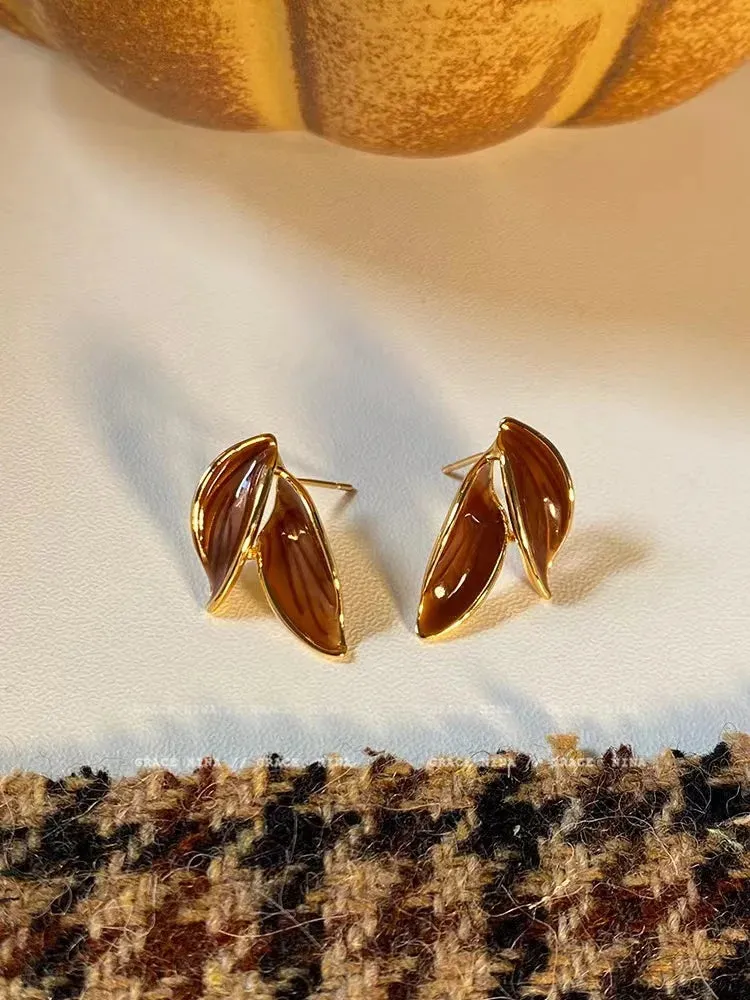 Brown Leaf Geometry Stud Earrings - Trendy Metal Plant-Inspired Push-Back Studs