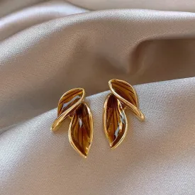 Brown Leaf Geometry Stud Earrings - Trendy Metal Plant-Inspired Push-Back Studs