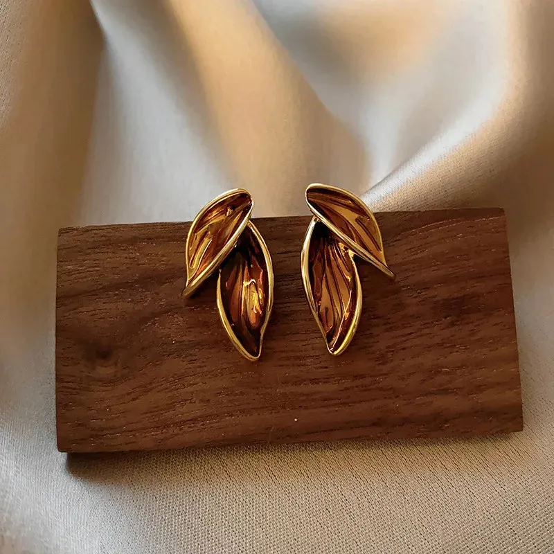 Brown Leaf Geometry Stud Earrings - Trendy Metal Plant-Inspired Push-Back Studs