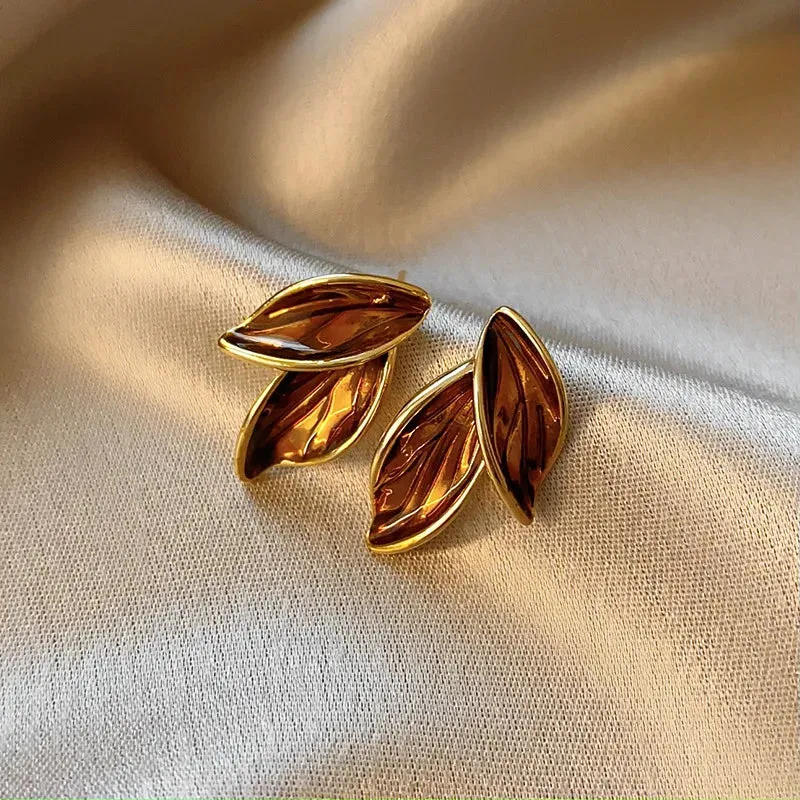 Brown Leaf Geometry Stud Earrings - Trendy Metal Plant-Inspired Push-Back Studs