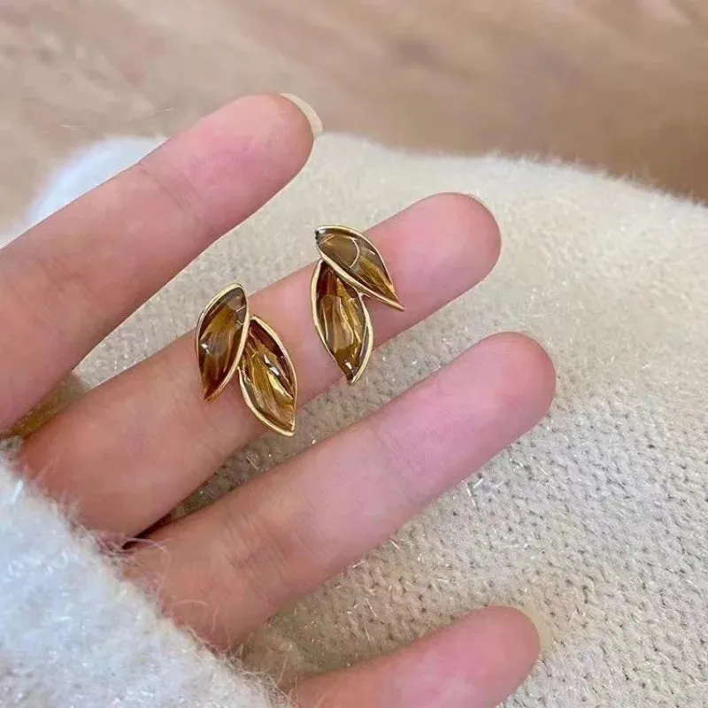 Brown Leaf Geometry Stud Earrings - Trendy Metal Plant-Inspired Push-Back Studs