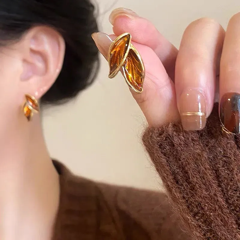 Brown Leaf Geometry Stud Earrings - Trendy Metal Plant-Inspired Push-Back Studs