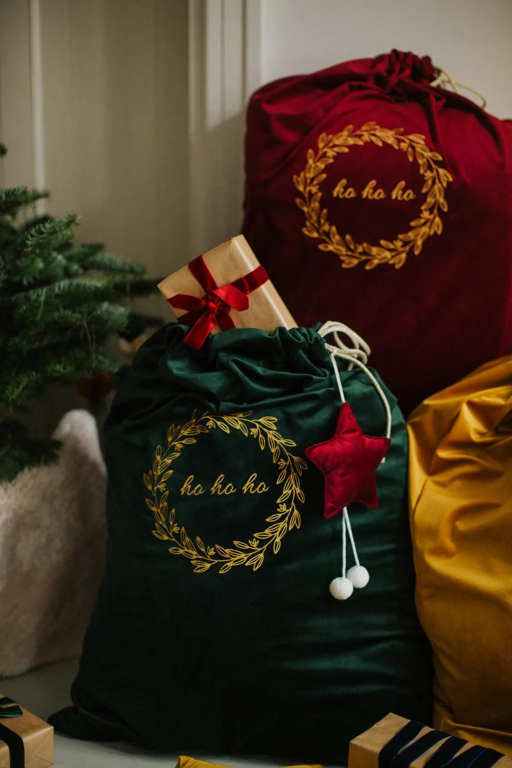 Christmas sack in velvet green | Christmas bags for gifts