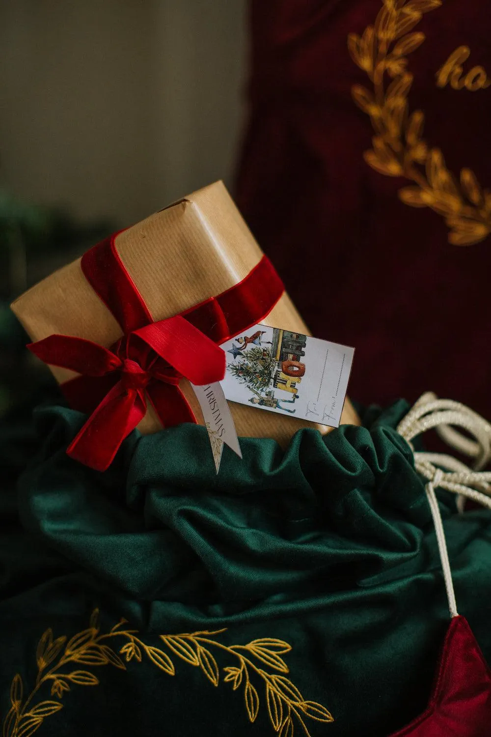 Christmas sack in velvet green | Christmas bags for gifts