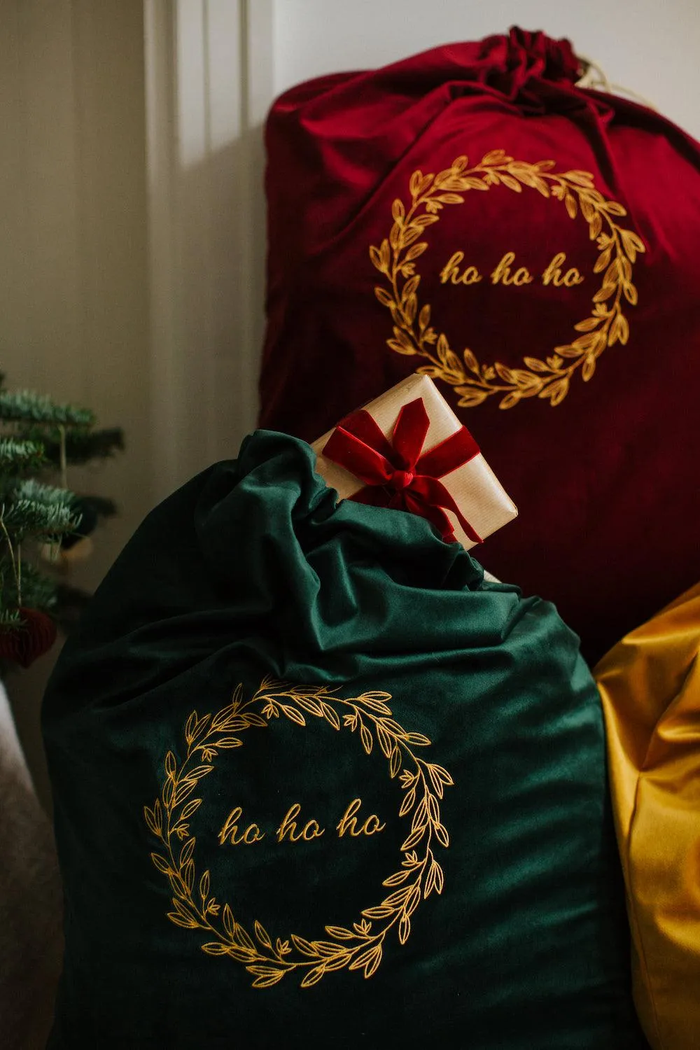 Christmas sack in velvet green | Christmas bags for gifts