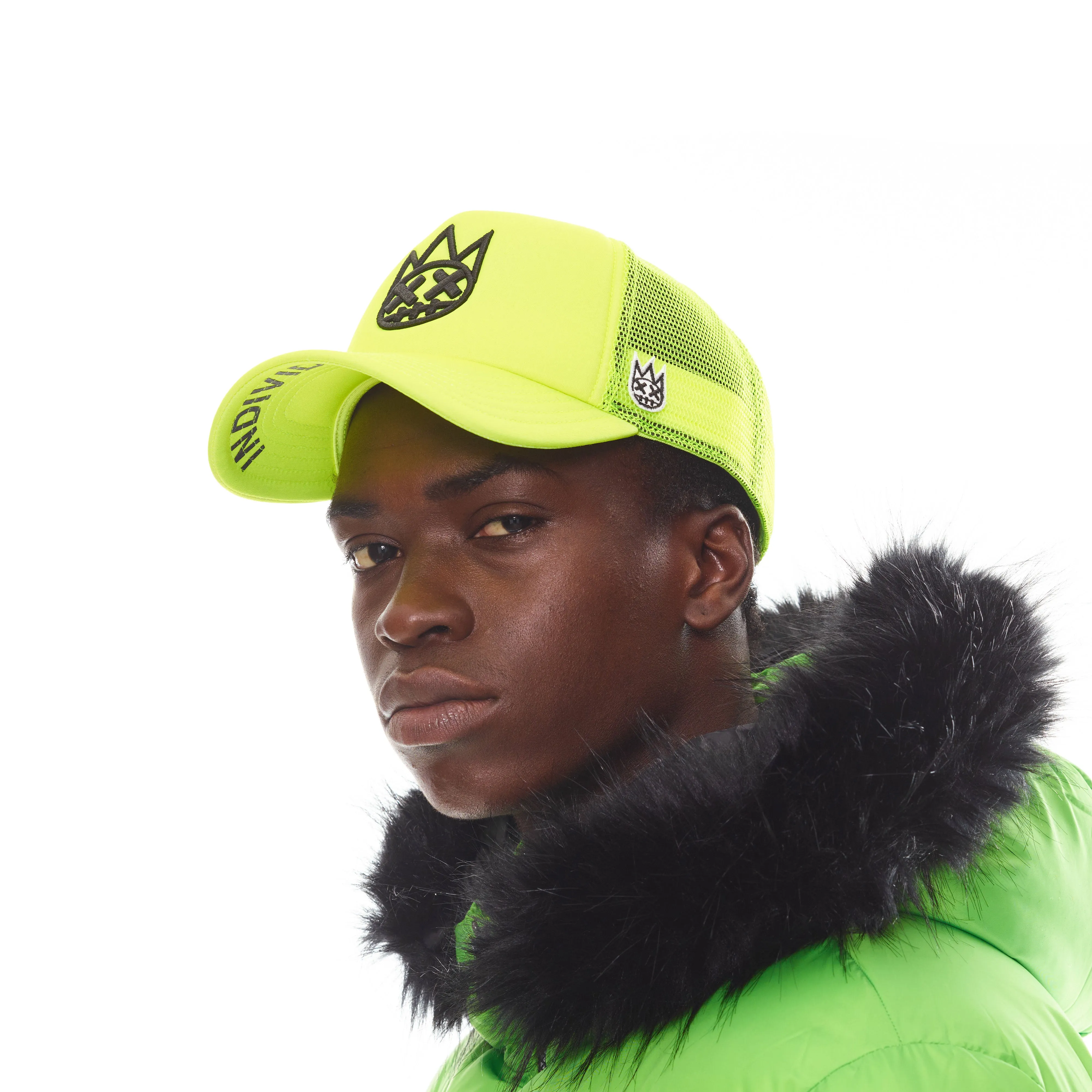 CLEAN SHIMUCHAN LOGO MESH BACK TRUCKER HAT IN NEON YELLOW