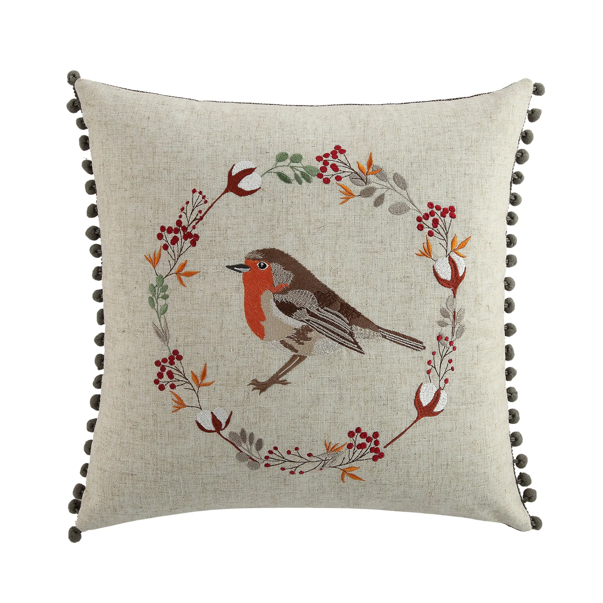 Country Collection Robin Embroidered Linen Blend Cushion
