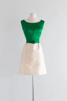 Darling 1960's Kelly Green & Ivory Silk Party Dress / Waist 28
