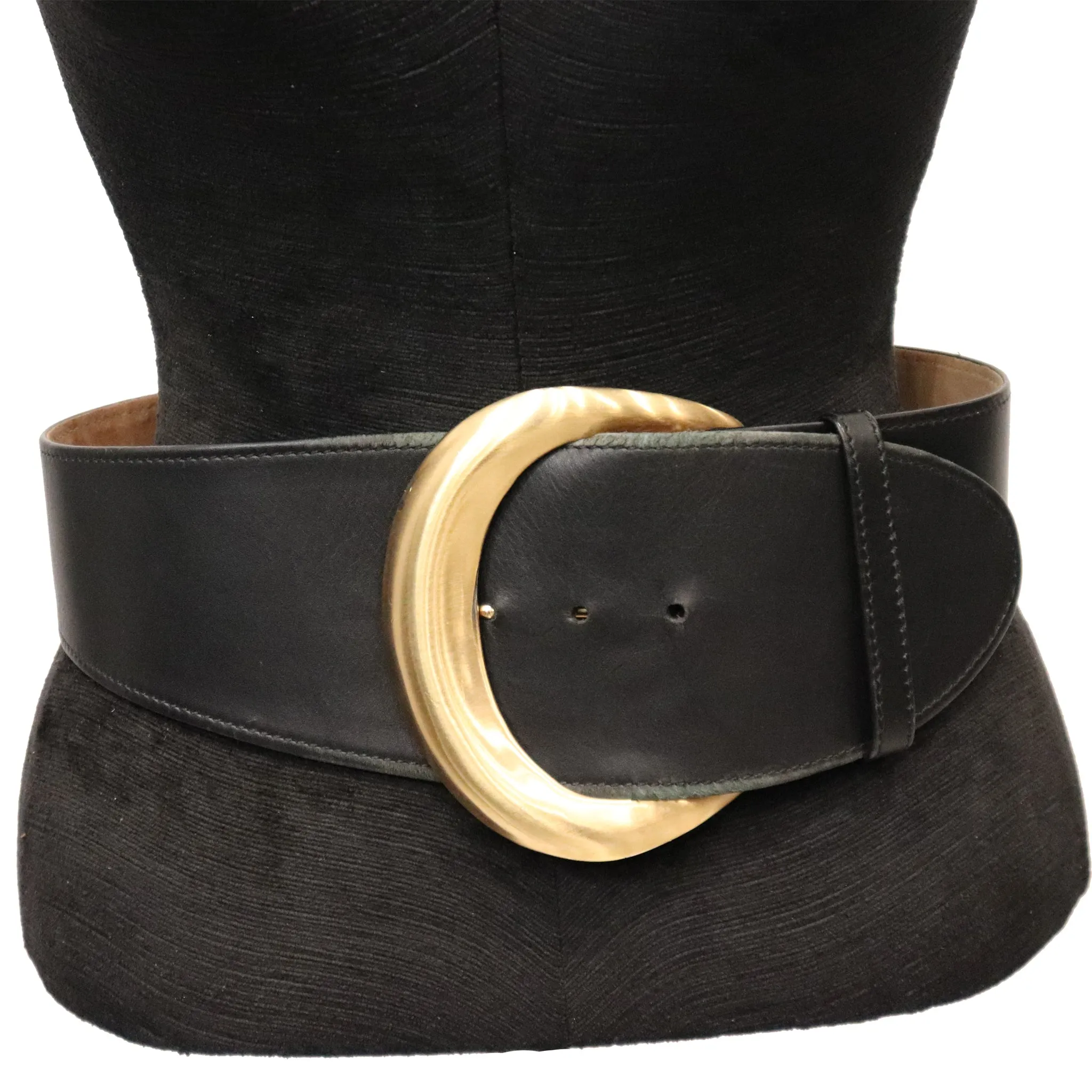 Donna Karan Black Leather Belt W/ Gold tone Buckle