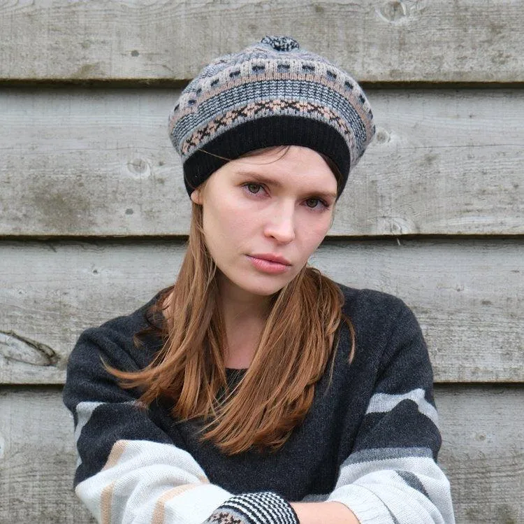 Dot and Cross Beret - Black and Camel