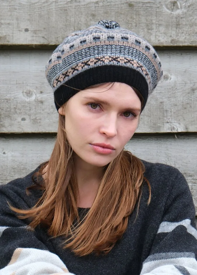 Dot and Cross Beret - Black and Camel
