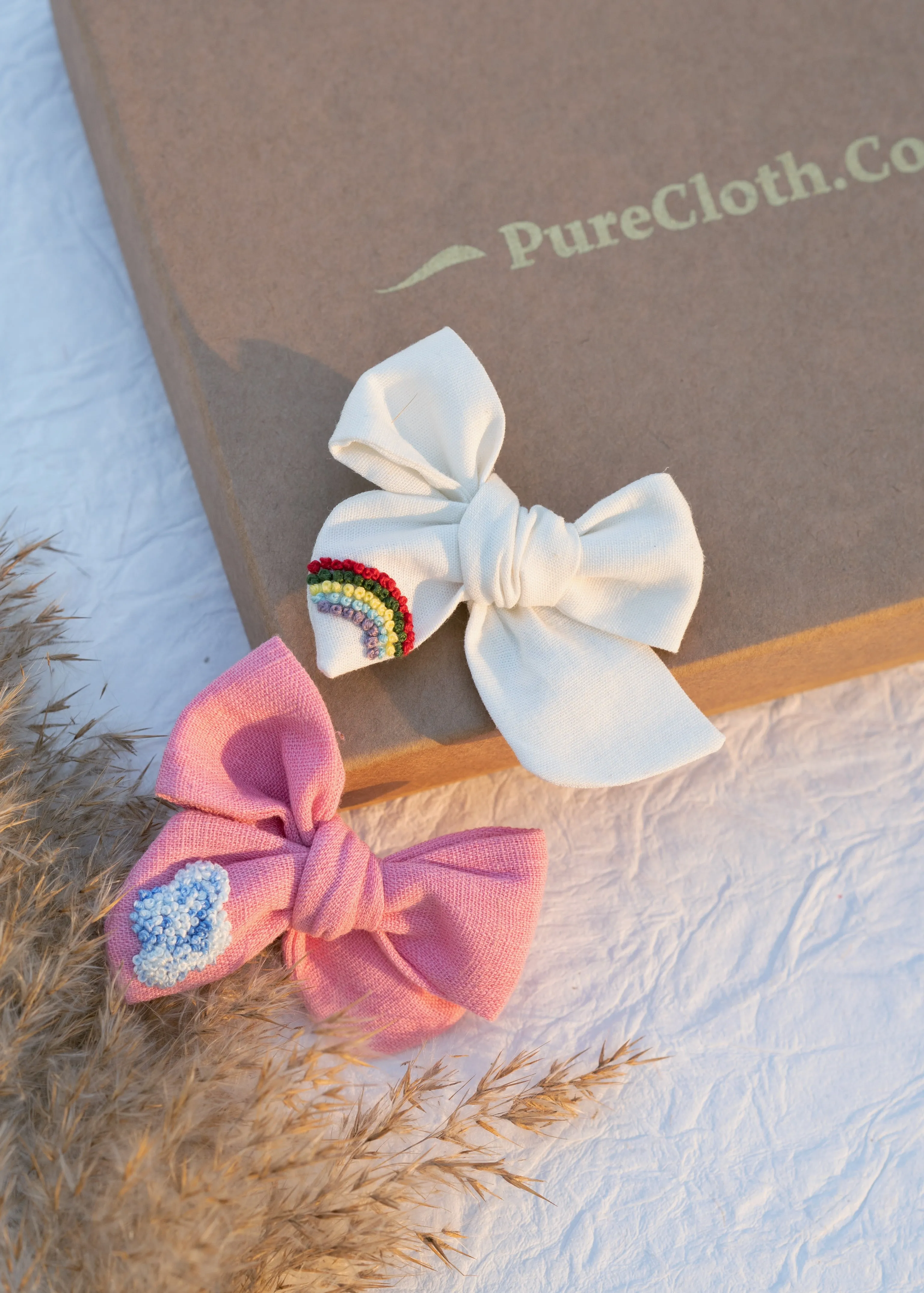 Embroidery Hair Clips Combo | Off-white and Pink| Rainbow Skies