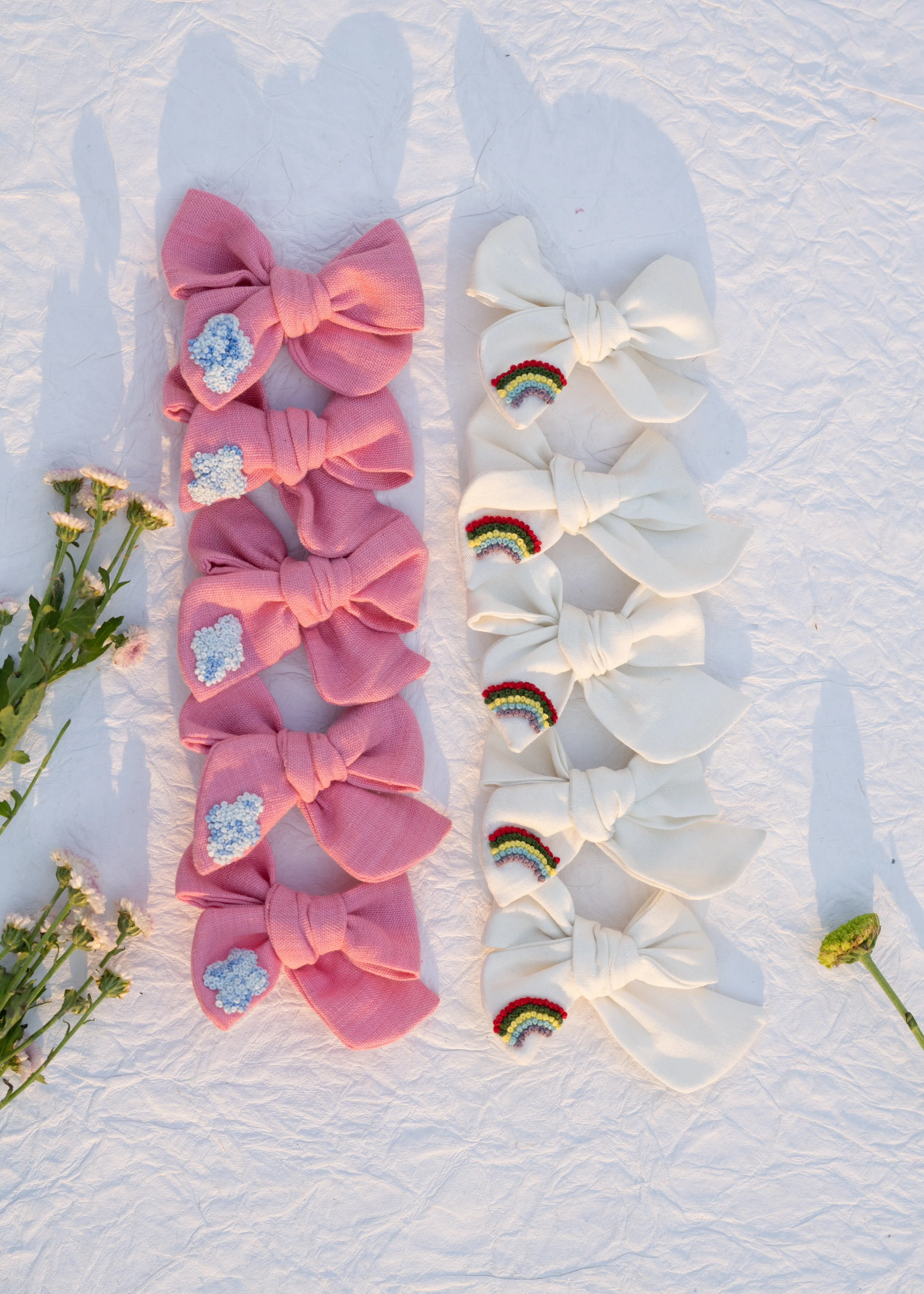 Embroidery Hair Clips Combo | Off-white and Pink| Rainbow Skies
