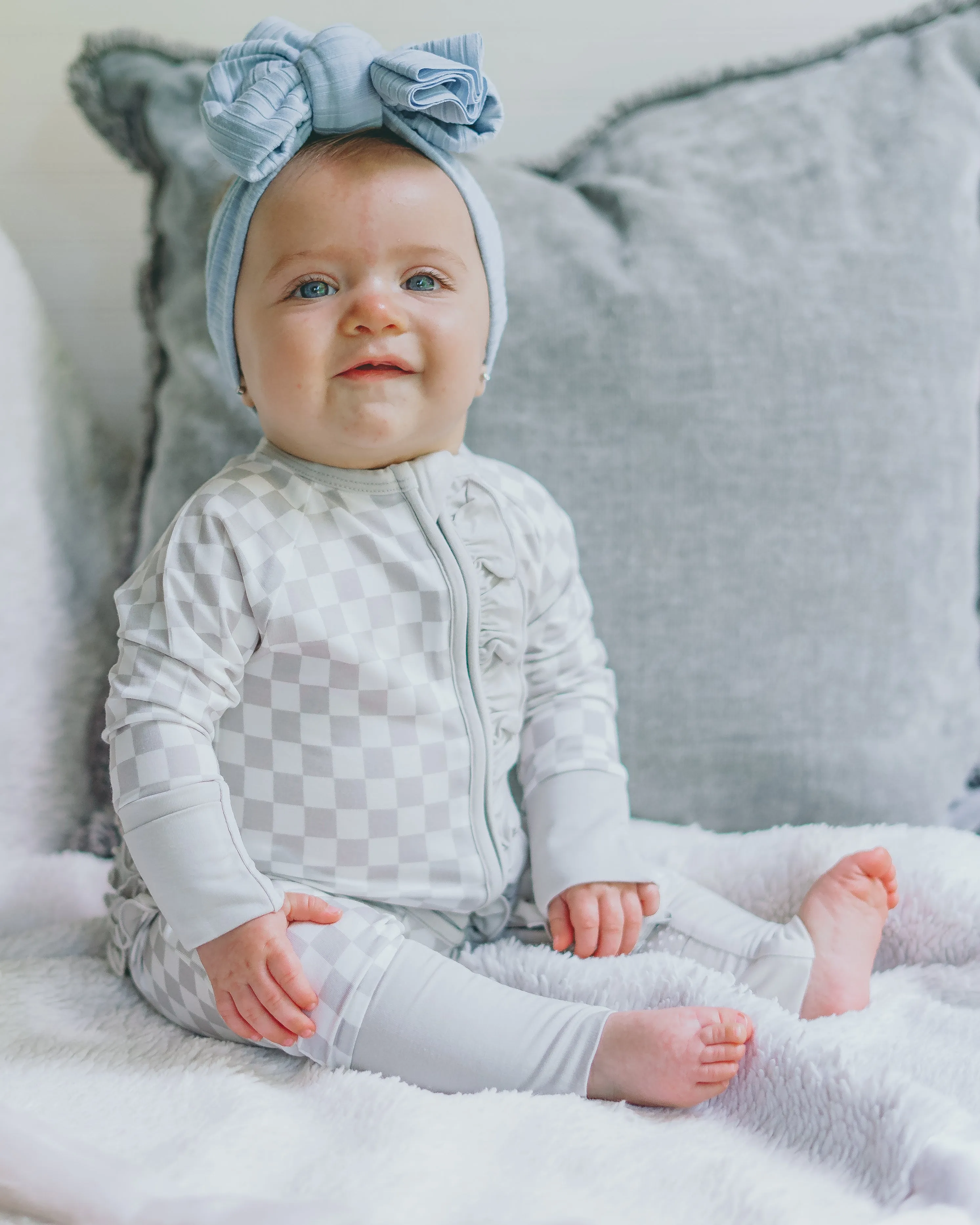 Gray and White Fully Checked Out Ruffle Footie Snoozer