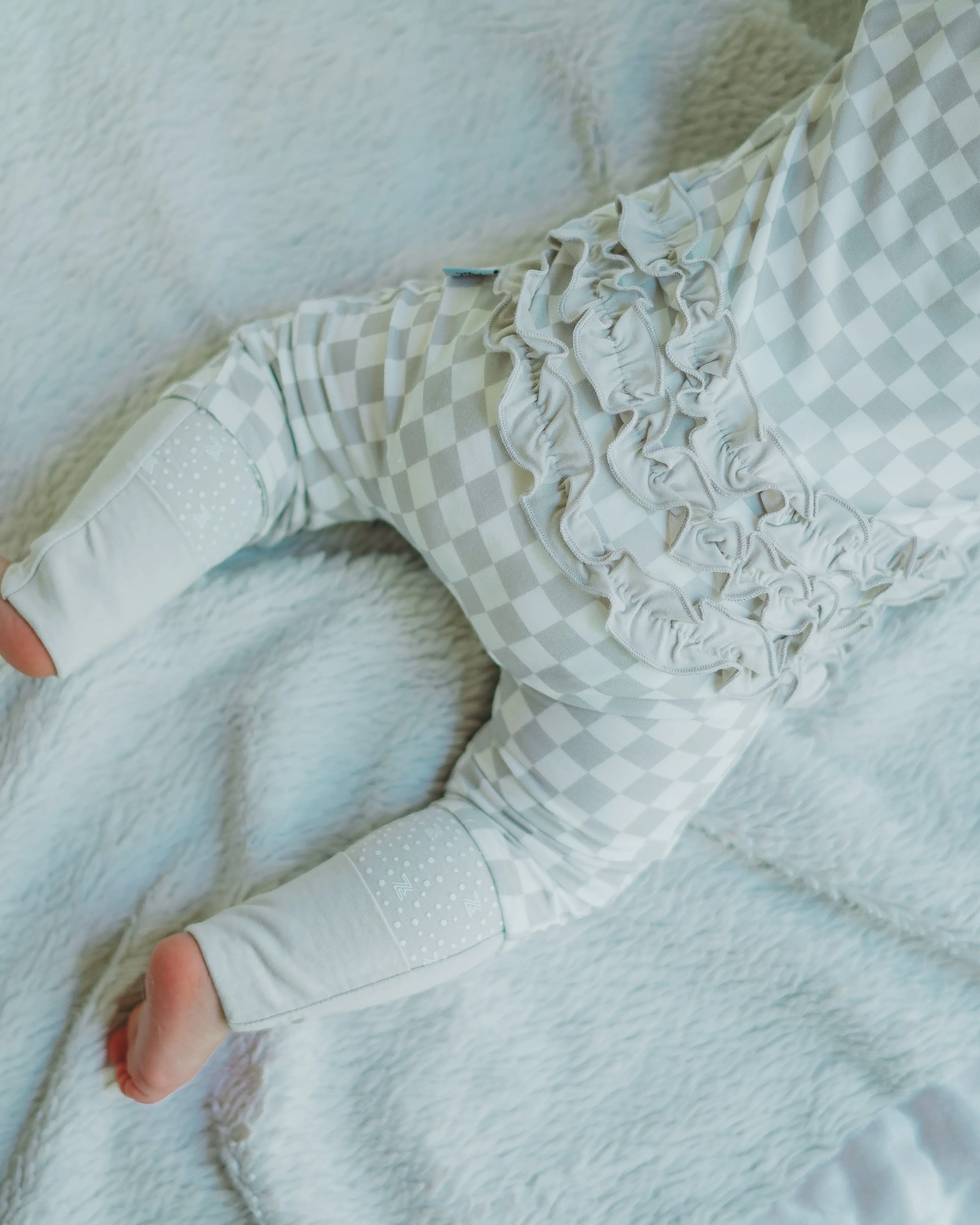 Gray and White Fully Checked Out Ruffle Footie Snoozer